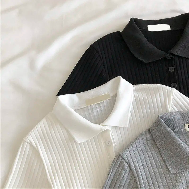 Women’s Knit Polo Neck Cropped Shirt – Summer Short Sleeve Solid Color Youthful Top 👚☀️