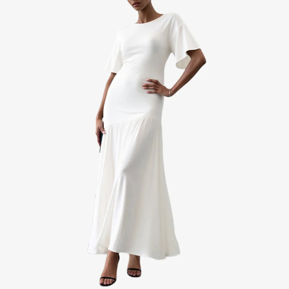 2025 Women's Evening Dress 👗 Must-Have White Maxi Gown 🌟 Short Sleeve Round Neck Lettuce Trim Elegant Party Dress ✨