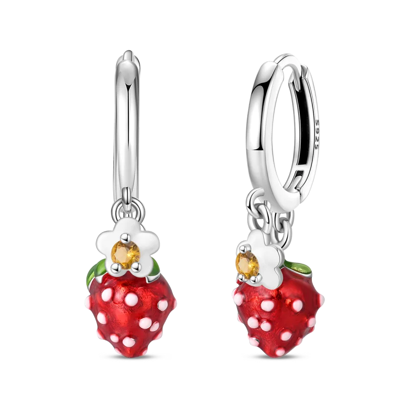 Original 925 Sterling Silver Fruit Series Earrings | Cherry & Strawberry Zircon Hoop Studs for Women Girls Party Jewelry