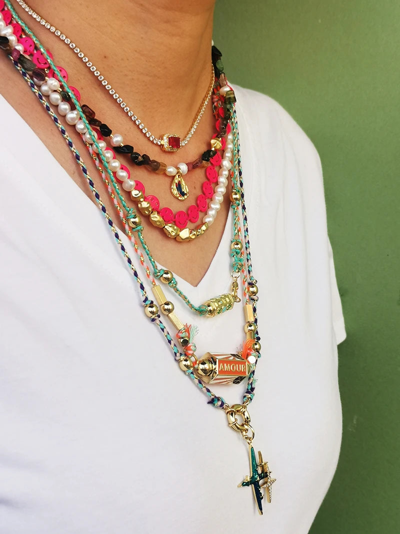 Star Celestial Evil Eye Beaded Necklace Boho Long Knot Cotton Cord Jewelry