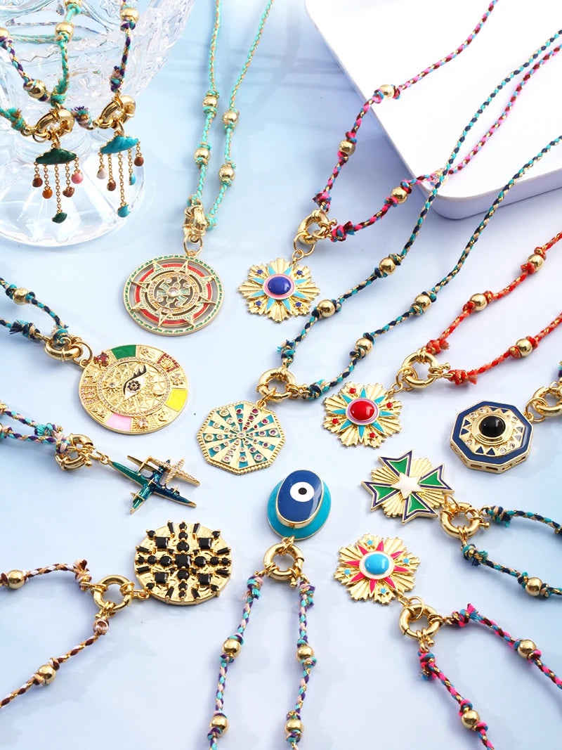 Star Celestial Evil Eye Beaded Necklace Boho Long Knot Cotton Cord Jewelry