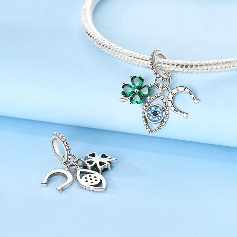 New 925 Sterling Silver Four-Leaf Clover Green Charm Bead | Lucky Pendant for Original Bracelet Jewelry Gift