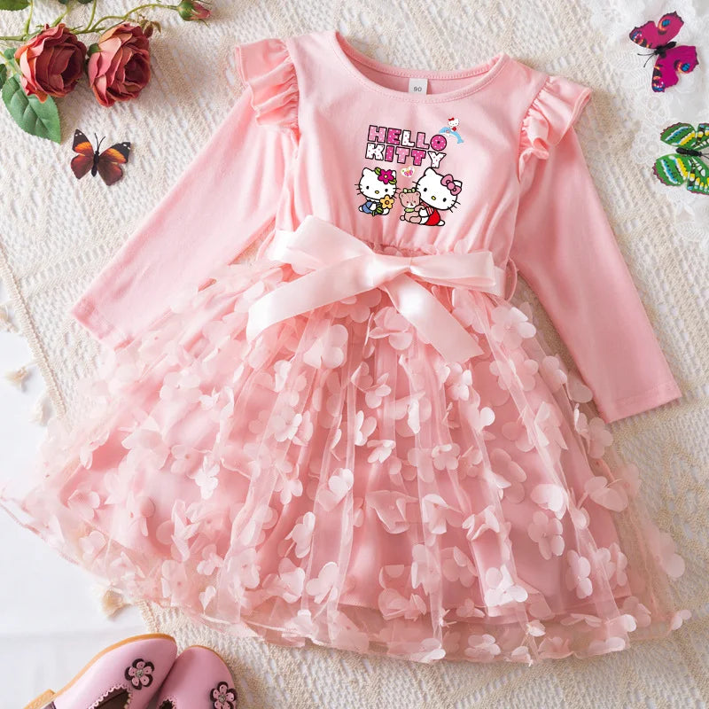 Hello Kitty Fall Girl Dress 3D Butterfly Casual Dresses Kids Birthday Princess Dress Long Sleeve Baby Girls Clothes 2-6Y