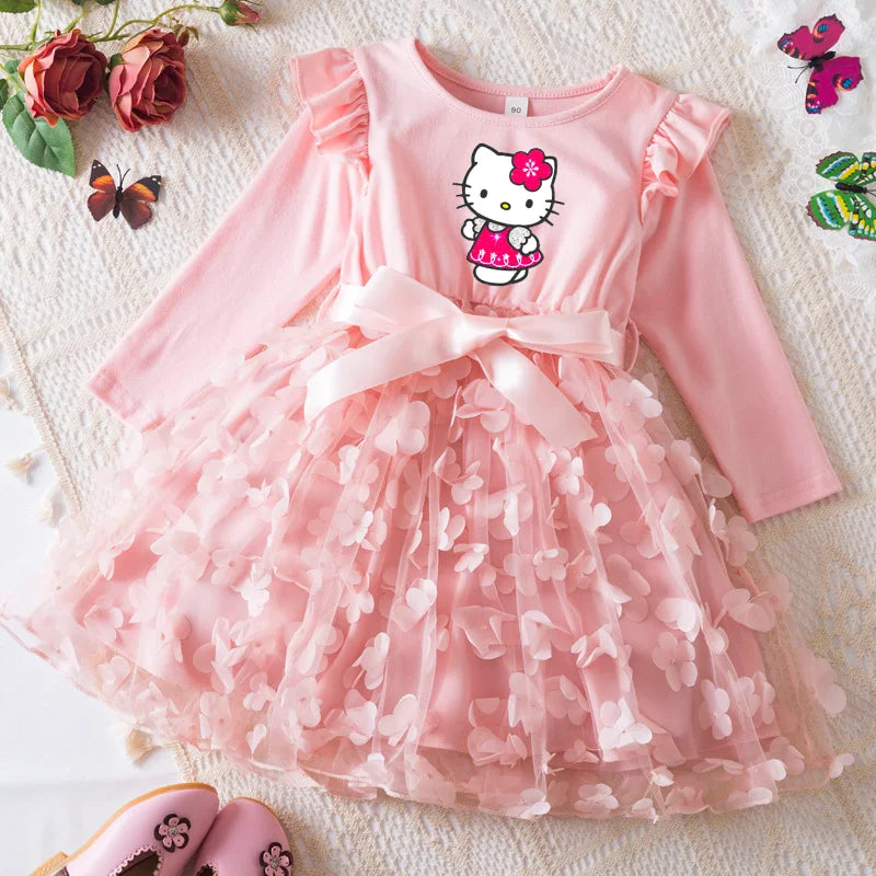 Hello Kitty Fall Girl Dress 3D Butterfly Casual Dresses Kids Birthday Princess Dress Long Sleeve Baby Girls Clothes 2-6Y
