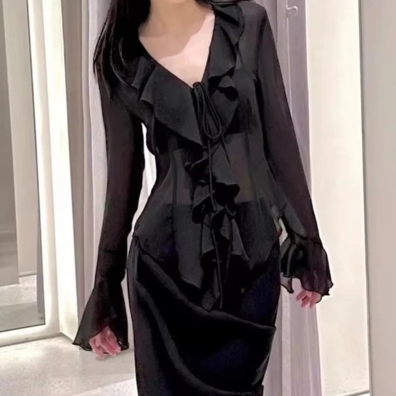 2025 Women’s Lace-Up V-Neck Ruffle Blouse | Elegant Long Sleeve Office & Casual Top