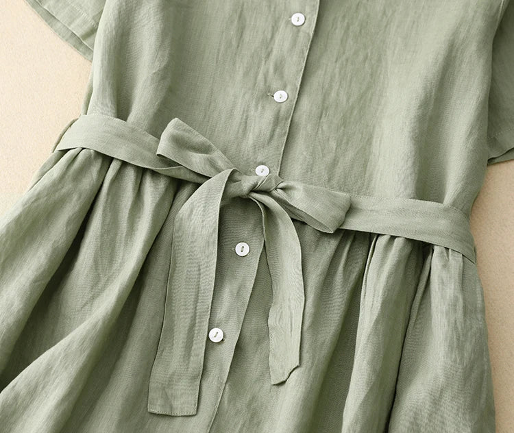 Pure Linen Shirt Dress – Women's Summer Lightweight Breathable Long Dress, Loose Plus Size with Slimming Belt