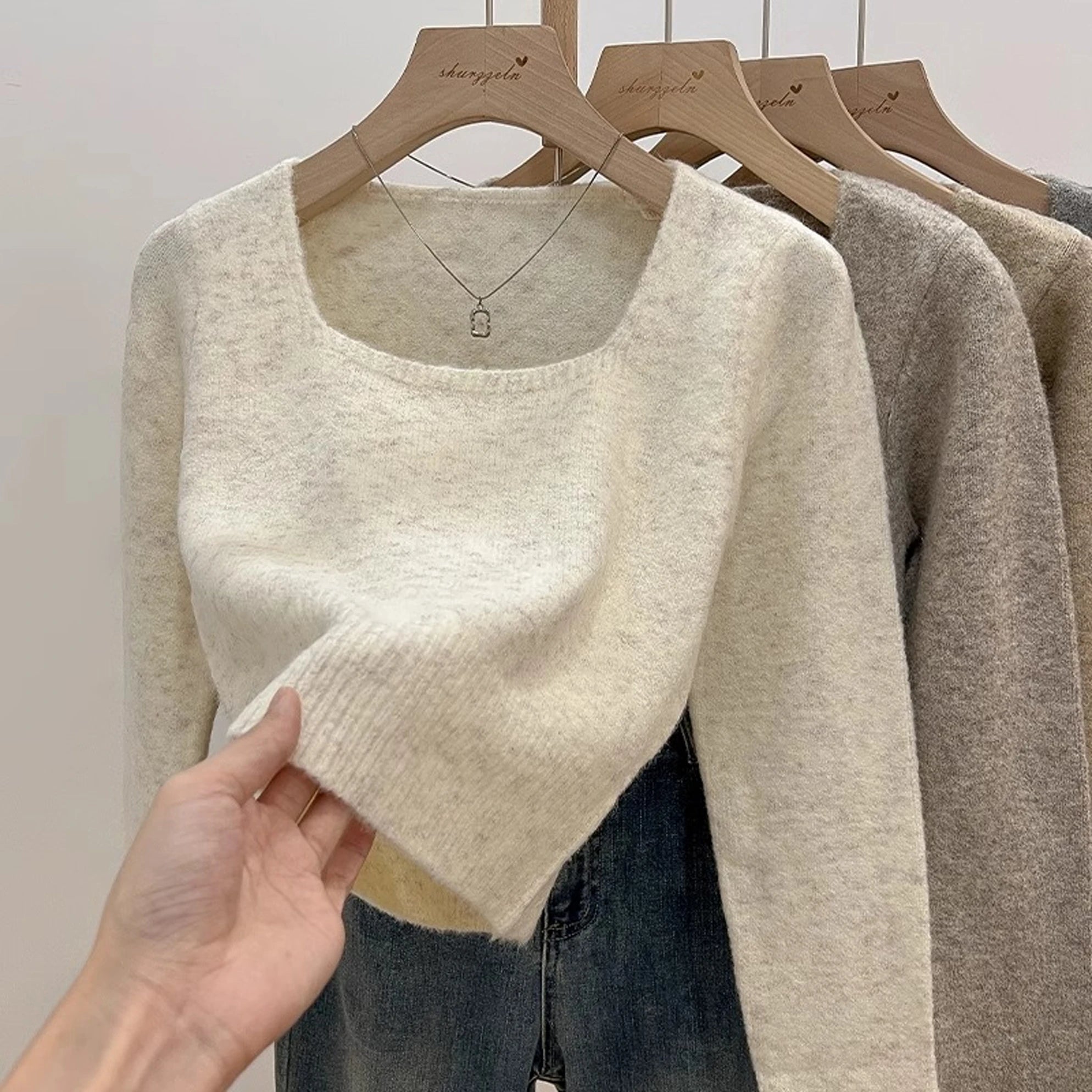 ✨ Soft Short Knitted Sweater Top for Women 🍁 Square Collar Slim Fit | Autumn Winter Inner Base Shirt 👚