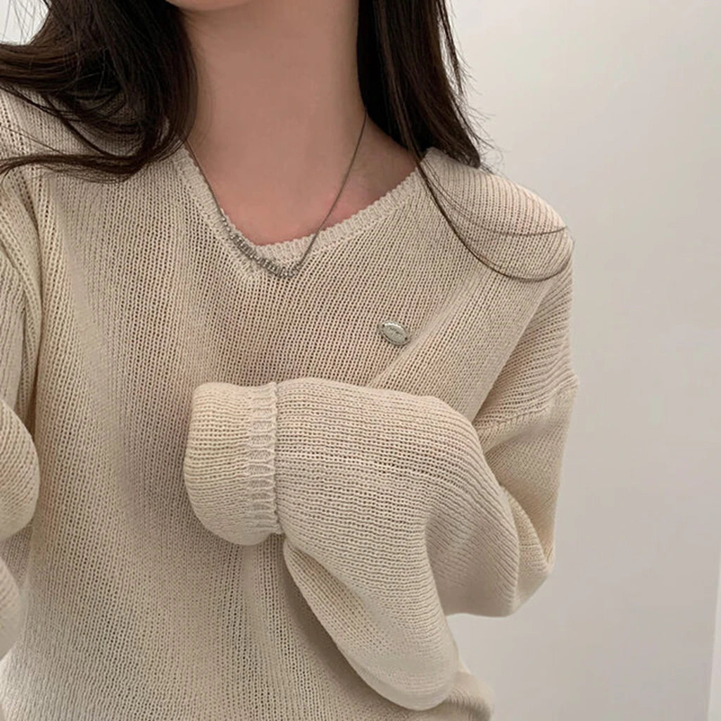 Loose Women’s Knitwear V-Neck Long Sleeve T-Shirt – Casual Comfortable Fashionable Autumn Top New Arrival