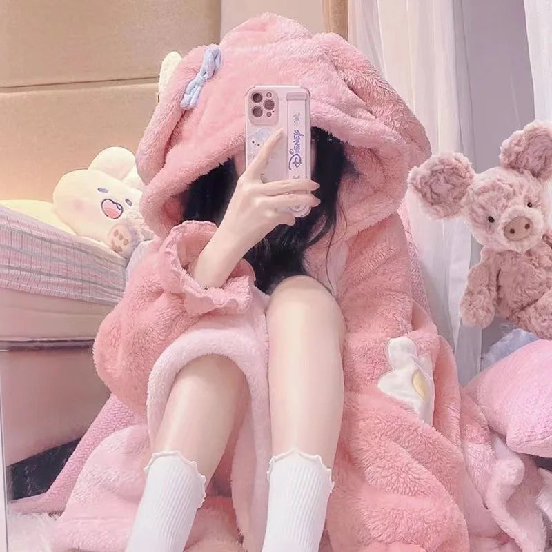 Kawaii Sanrio Hello Kitty Velvet Pajamas Set | Cute Cartoon Nightgown & Bathrobe | Girls & Couples Soft Home Wear