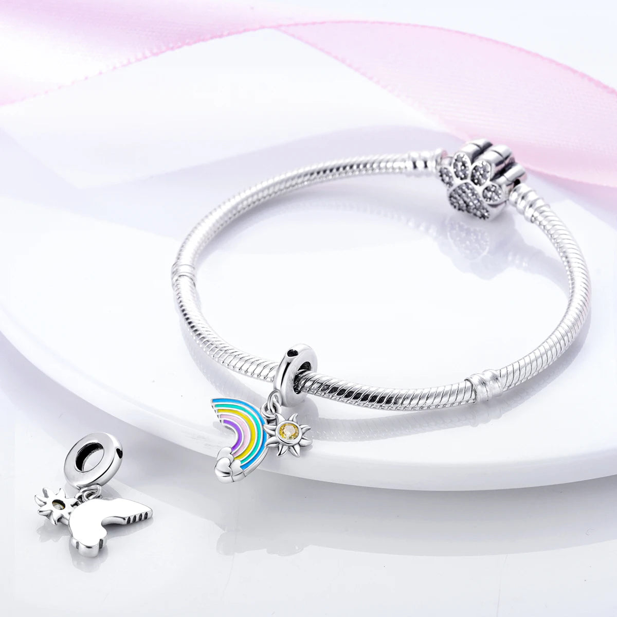 Silver Plated Colorful Glowing Moon & Stars Rainbow Dangle Charms | Fit Original Bracelet & Necklace | Women’s Jewelry Beads