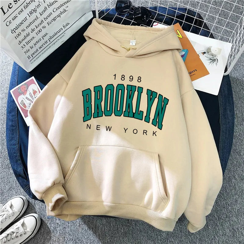 Brooklyn Printed Women's Hoodie | Fleece Loose Sweatshirt | Spring Autumn Winter Couple Pullover Coat