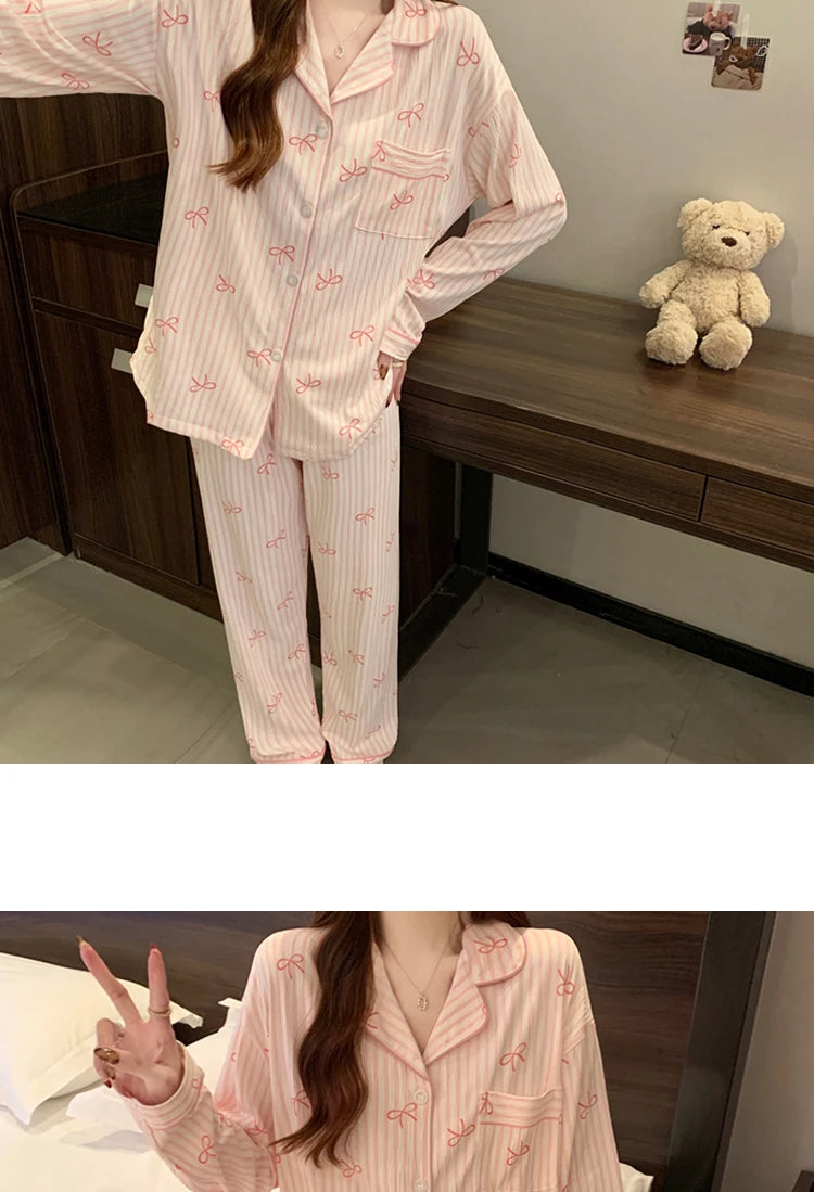 🌸 Pink Bow Pajamas Set for Women 💖 Long Sleeve Top & Elastic Waist Pants 🛌 Harajuku Style Casual Home Wear