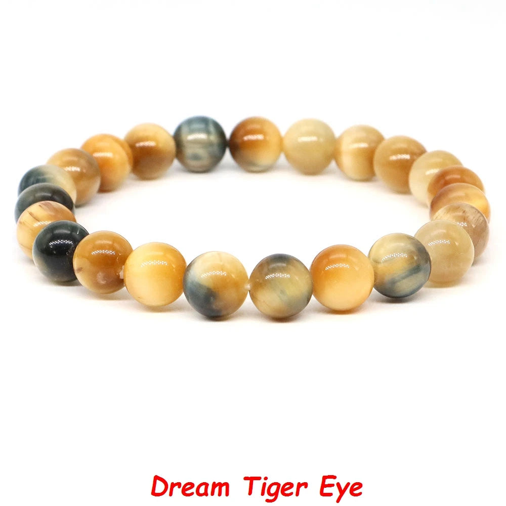 Natural Stone Healing Crystal Bracelet | Amethyst, Quartz & Agate Round Beads Elastic Stretch Bangle for Women & Men