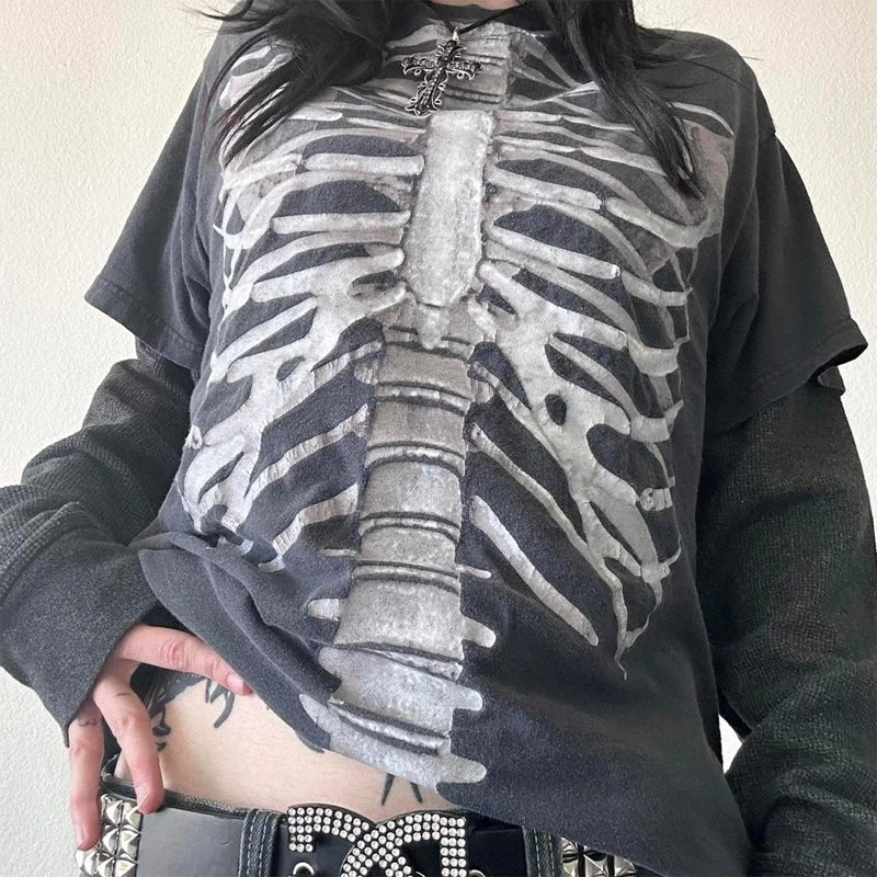 Y2K Grunge Emo Vintage T-Shirt | Gothic Patchwork Long Sleeve E-Girl Cyber Goth Streetwear Top