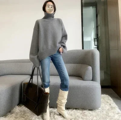 Women’s Oversize Turtleneck Sweater – Long Sleeve Knitted Pullover Autumn Winter Knitwear