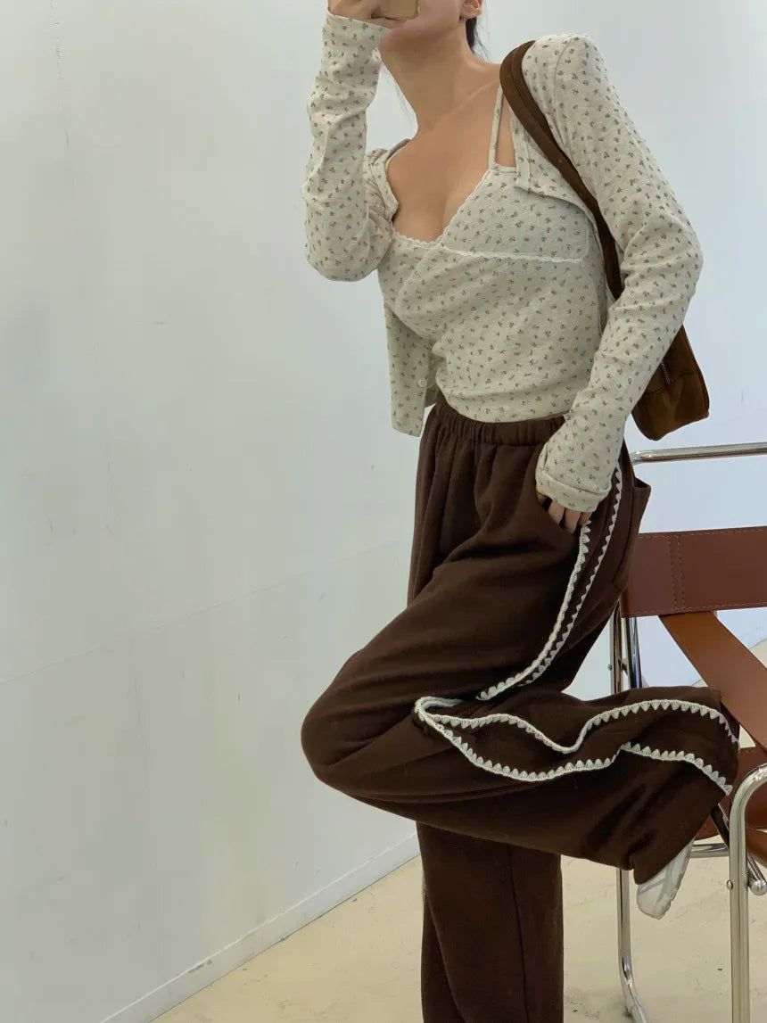 Chic Autumn Winter Loose Casual Pants – Color Block Side Stripe Floral Women Sweatpants Long Trousers