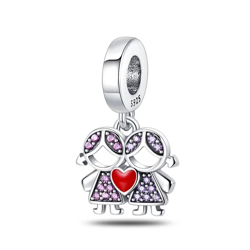 925 Sterling Silver Sweetheart Sister Charm | Fit Original Pandora & 3mm Bracelets DIY Jewelry Gift for Women