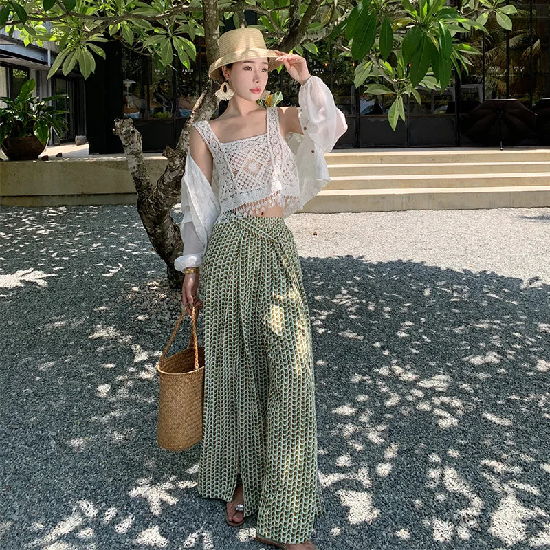 Vacation Style High Waist Wide Leg Pants – Thin Long Ethnic Print Pants for Beach & Holiday Wear