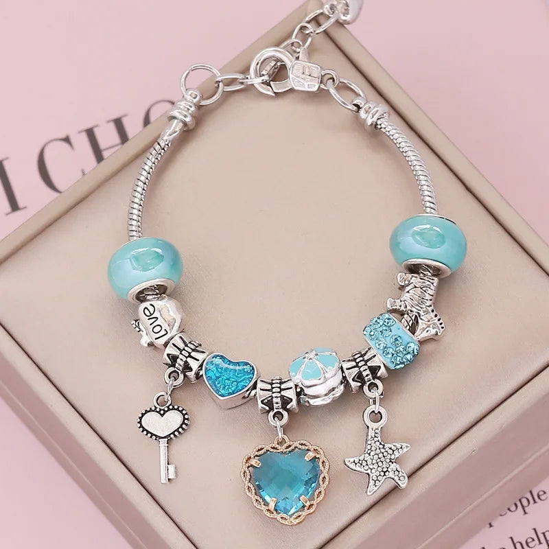Trendy Colorful Pandora Lucky Rainbow Charm Bracelet | Four-Leaf Clover, Starfish & Heart Pendants