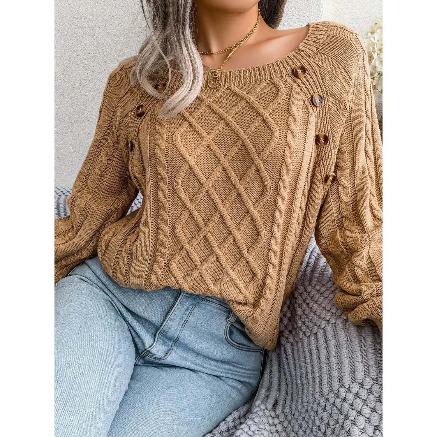Women’s Casual Square Collar Knitted Pullover Sweater – Long Sleeve Autumn Winter 2025 Top