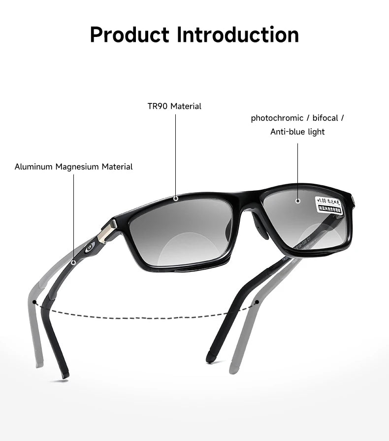 Photochromic Bifocal Reading Glasses for Men & Women – Anti-Blue Light Multifunctional Aluminum Magnesium Sports Eyewear