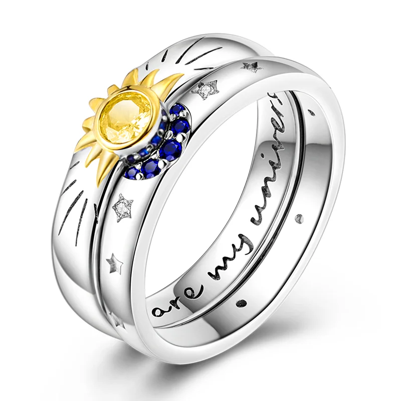 925 Sterling Silver Sun & Moon Couple Rings | Shining Zircon Romantic Jewelry Gift for Lovers
