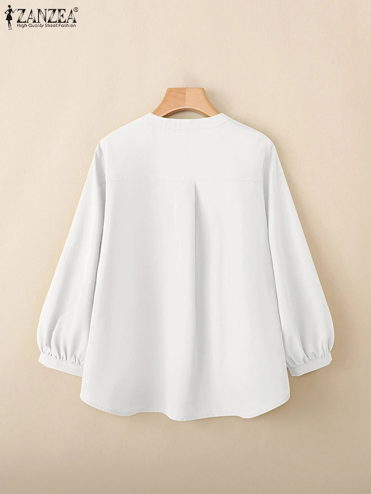 2025 ZANZEA Women’s Autumn Blouse – Casual V-Neck Long Sleeve Solid Button-Up OL Work Shirt 👚🍂