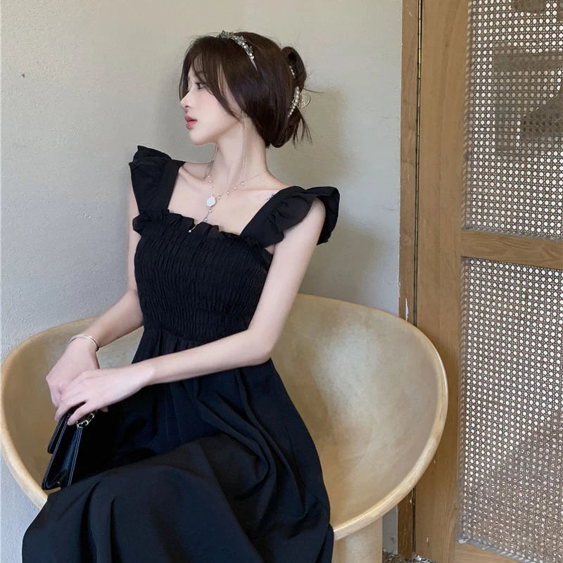 ☀️ Summer 2025 Elegant Hepburn-Style Tea Break Midi Dress 👗 Gathered Waist, Short Sleeve, Square Collar Pleated A-Line Dress 🌸