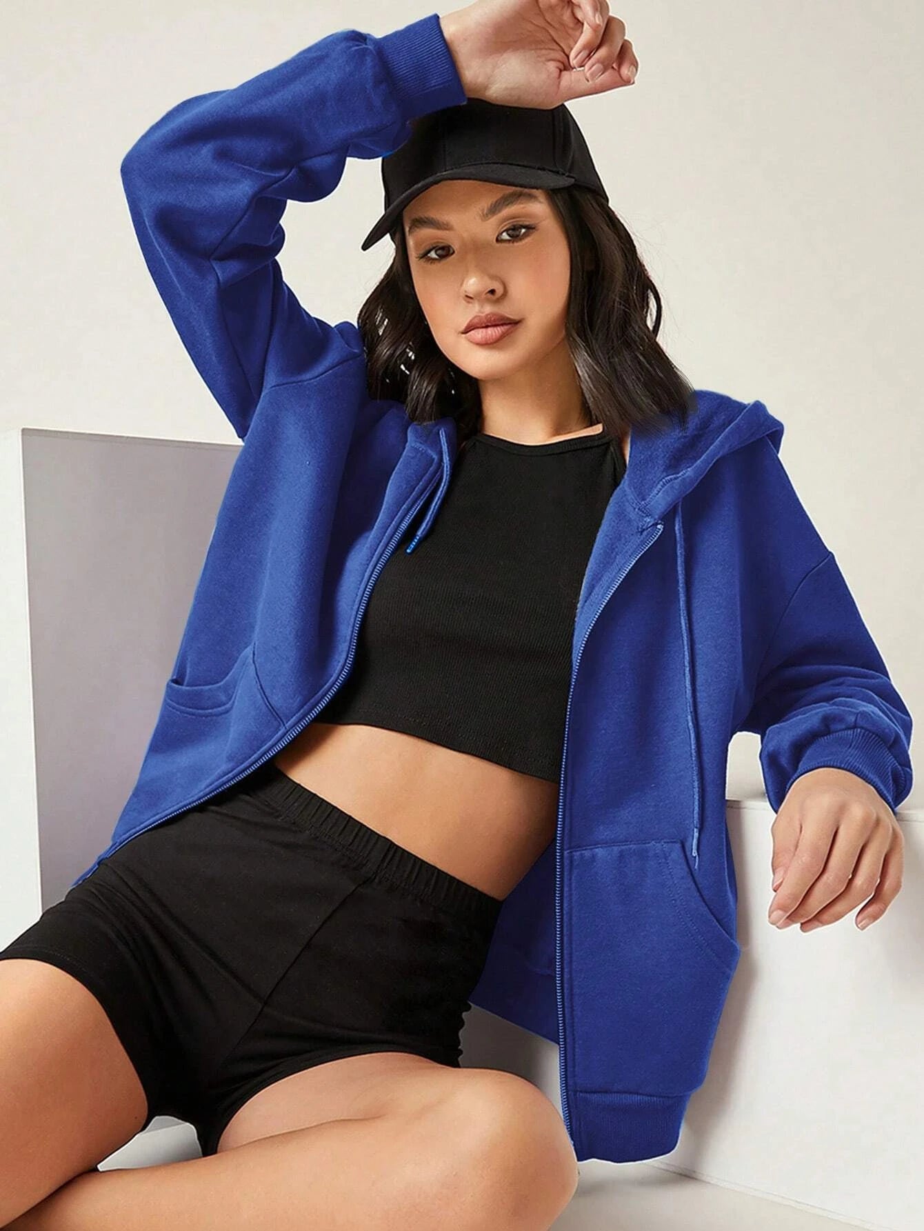 Women’s Solid Zipper Hoodie | Warm Fleece Hooded Sweatshirt | Autumn Casual Streetwear with Pockets