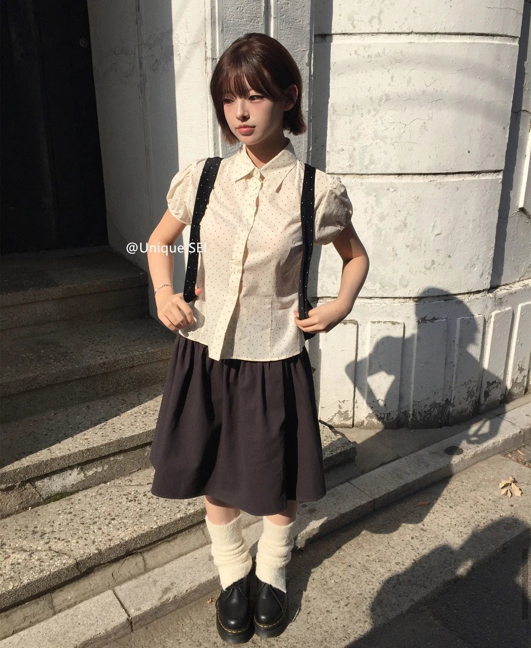 Sweet Korean Style Polka Dot Short Sleeve Blouse | Women’s Slim Fit Summer Top with Bubble Sleeves