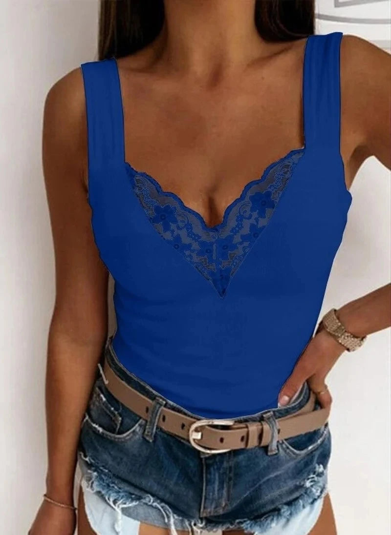 Women’s Summer V-Neck Tank Top | Casual Solid Color Lace Sleeveless Slim Shirt | Sexy Slim Fit Top