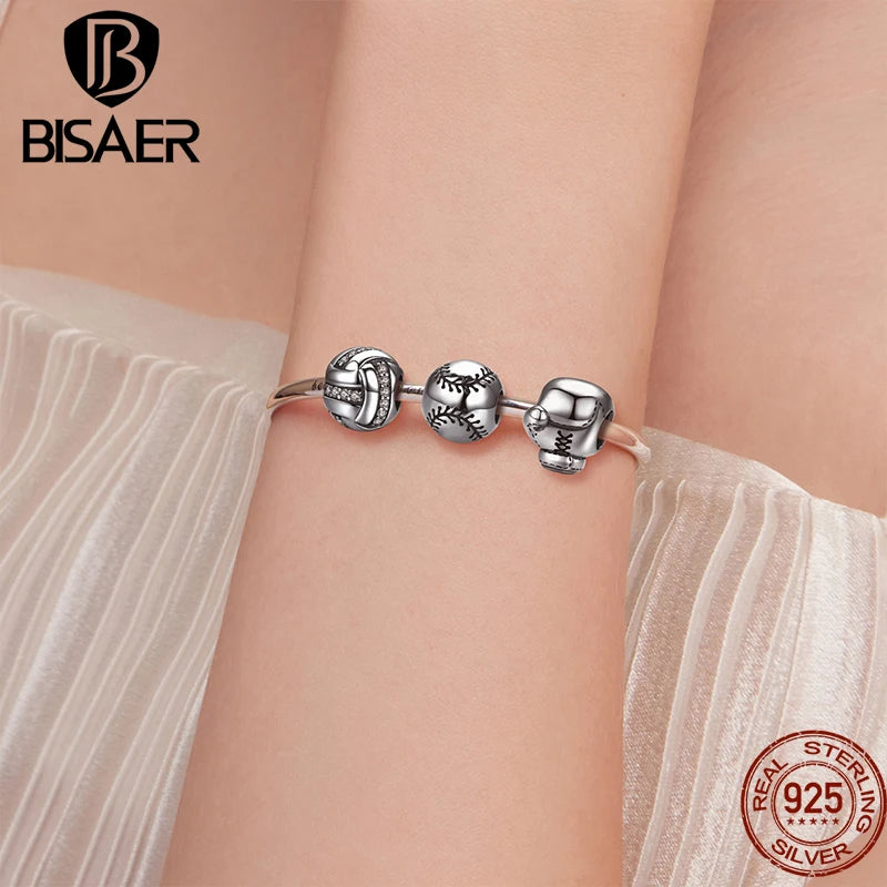 BISAER 925 Sterling Silver Ball Series Charms – Football, Volleyball, Tennis & Basketball Beads Fit Pandora Bracelet DIY Jewelry