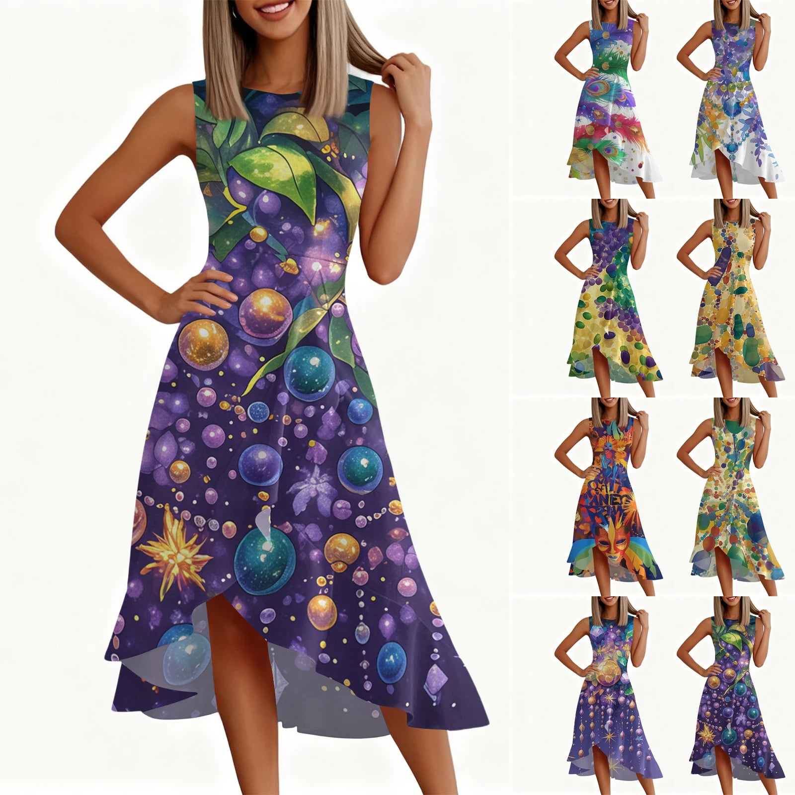 Carnival Women's Dress 🎉 Ruffled Printed Casual Dress 👗 Sleeveless Round Neck Stylish Festival Costume ✨