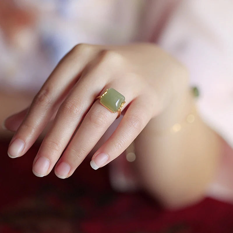 PANJBJ 925 Sterling Silver Hotan Jade Geometric Adjustable Ring | Retro Delicate Jewelry Gift for Women