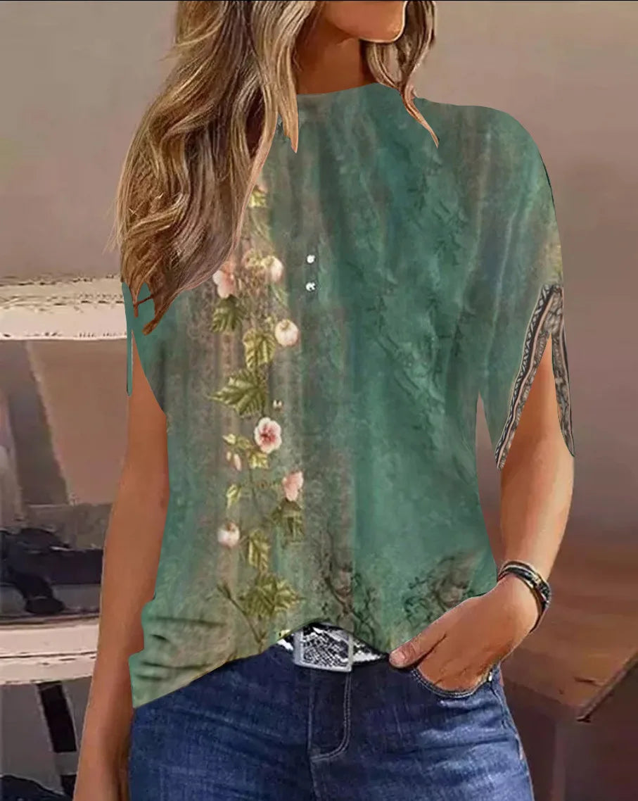 Fashion Shawl Design Short Sleeve Top – Vintage Green Gradient Print Loose Pullover Elegant O-Neck Blouse 🌿✨