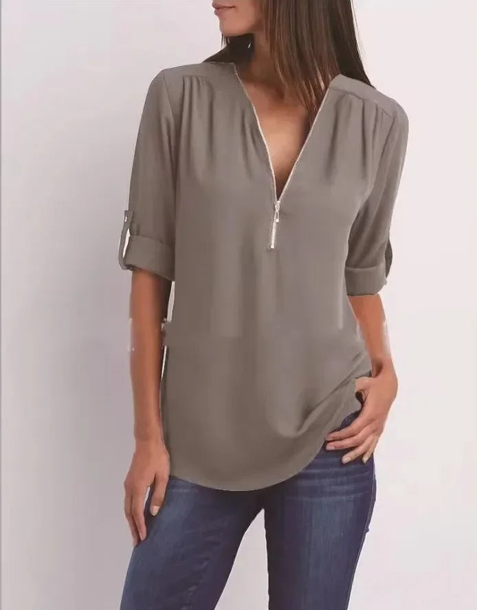 2025 Women’s Chiffon Blouse | Sexy Deep V-Neck Zipper Pullover Loose Fashion Top Plus Size