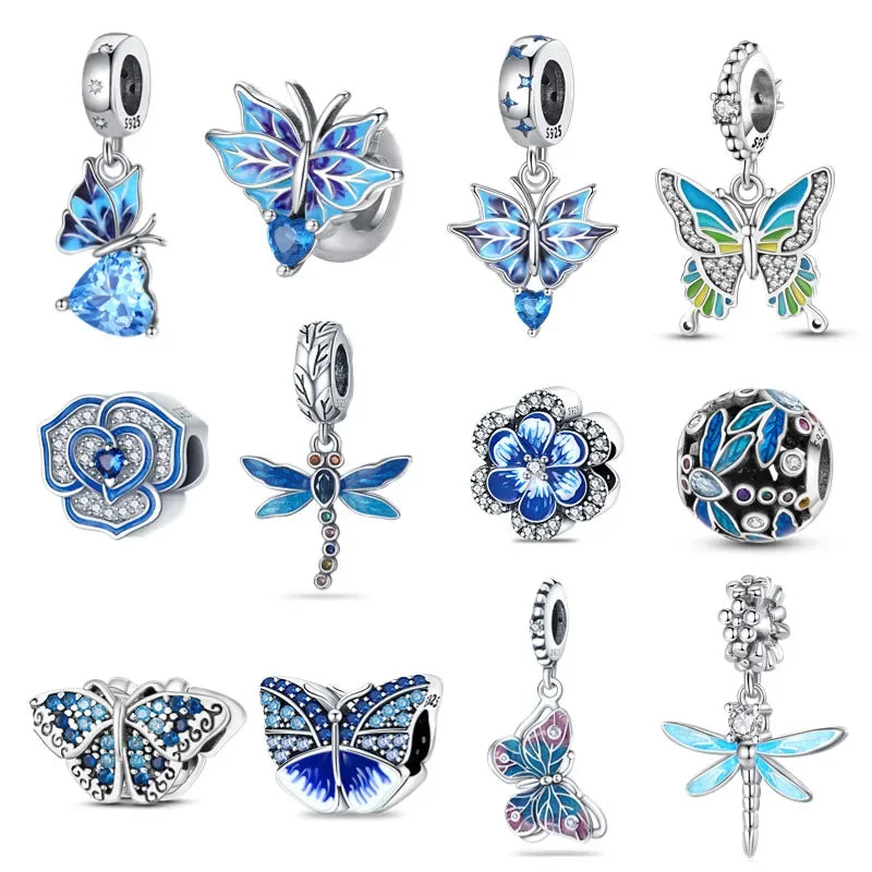 925 Sterling Silver Blue Series Charm | Dragonfly, Butterfly, Bird & Pansy Flower Pendant for 4MM Bracelet