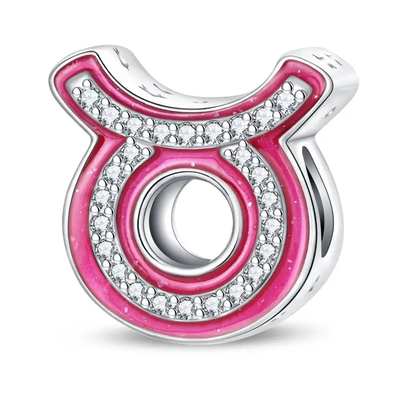 925 Sterling Silver Pink Zircon 12 Zodiac Signs Charms | Fit Original Pandora Bracelets DIY Jewelry Gift for Women