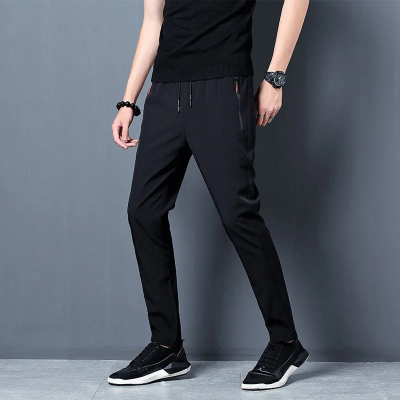 Ice Silk Men’s Pants 2023 – Black & Gray Summer Casual Business Straight Leg Sweatpants