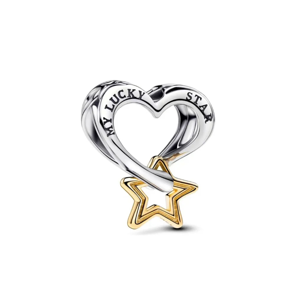 925 Sterling Silver Double Golden Heart Split Charm | Cute Boy & Girl Pendant for Original Bracelet Jewelry