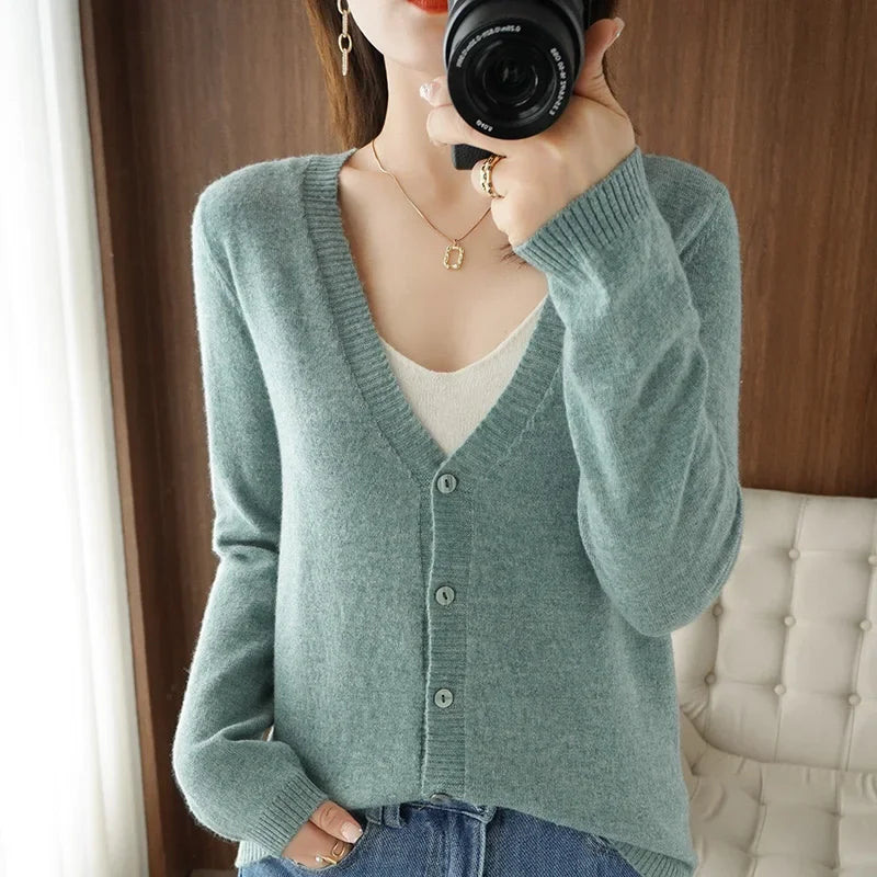 Women Cardigans V-Neck Long Sleeve Knitted Outerwear – Korean Fashion Solid Thin Spring Autumn Sweater