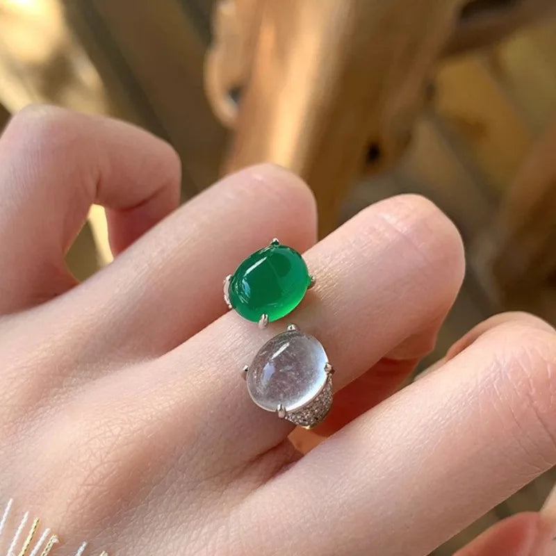 PANJBJ 925 Sterling Silver Hotan Jade Geometric Adjustable Ring | Retro Delicate Jewelry Gift for Women