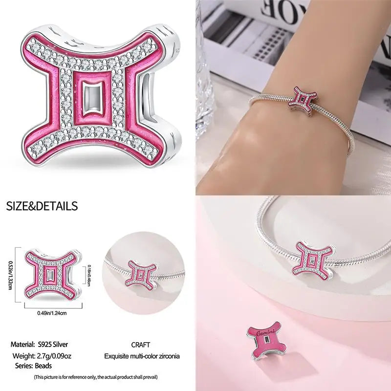 925 Sterling Silver Pink Zircon 12 Zodiac Signs Charms | Fit Original Pandora Bracelets DIY Jewelry Gift for Women