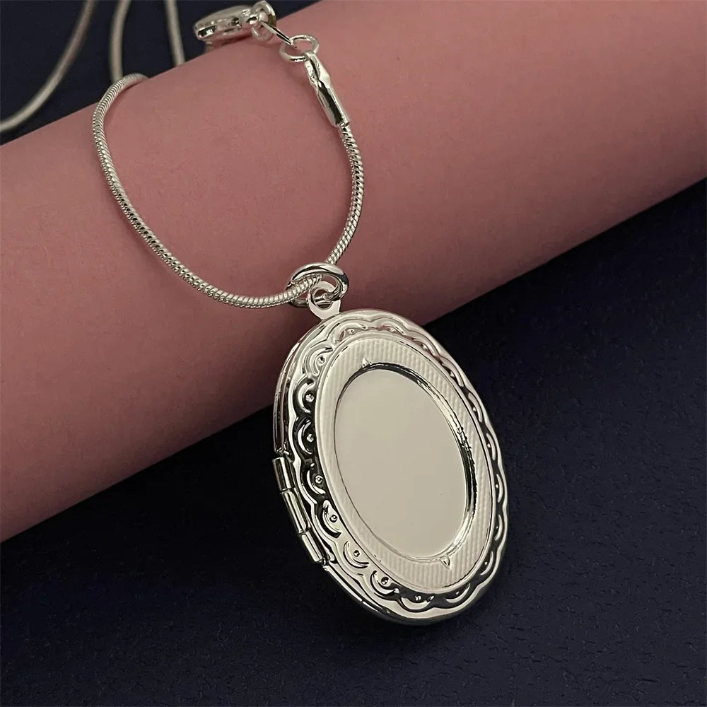 925 Sterling Silver Oval Photo Frame Pendant Necklace | Snake Bone Chain | Fashion Simple Jewelry