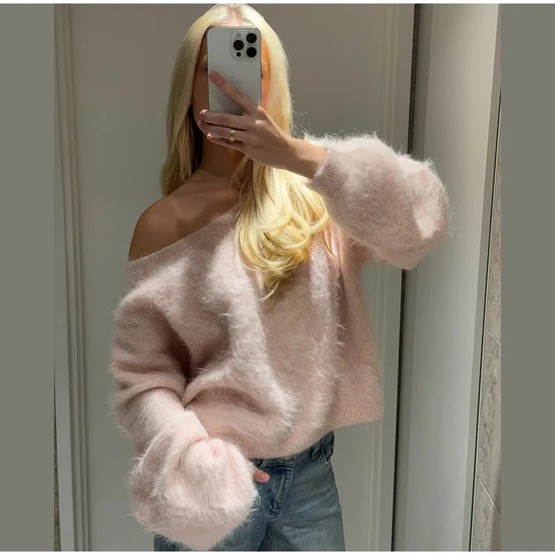 Women’s Off-Shoulder Mohair Sweater | Elegant Loose Knit Pullover for Autumn Fashion 2025