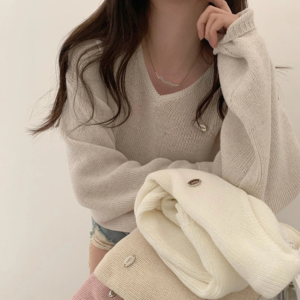 Loose Women’s Knitwear V-Neck Long Sleeve T-Shirt – Casual Comfortable Fashionable Autumn Top New Arrival