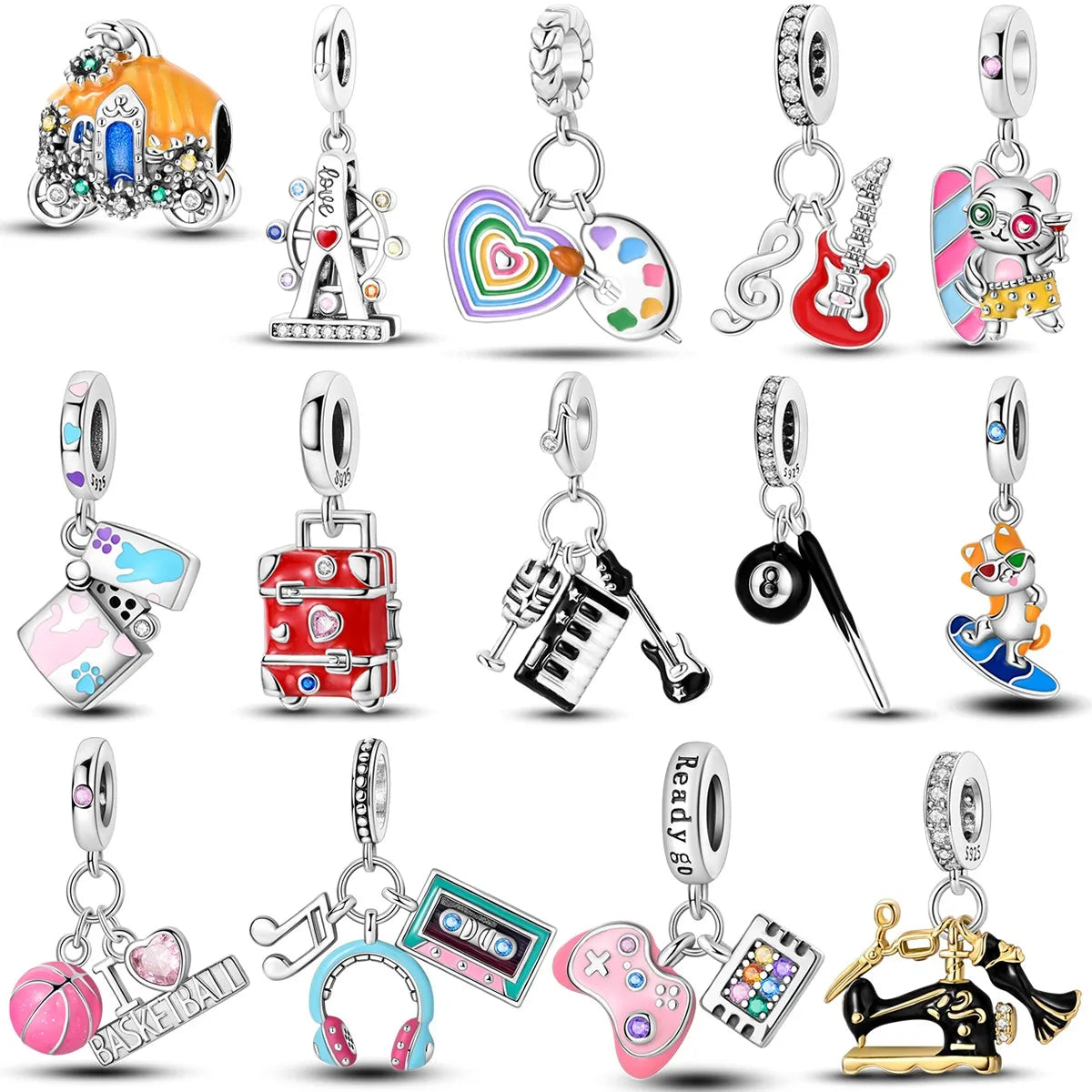 925 Sterling Silver Funny Playable Charms Beads | Smart Watch Tarot Bike Travel Dangle Fit Pandora Bracelet DIY Jewelry
