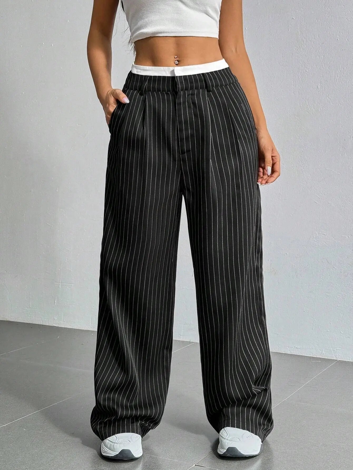 Women’s High Waist Straight Leg Pinstripe Trousers | Office & Casual Striped Dress Pants with Pockets