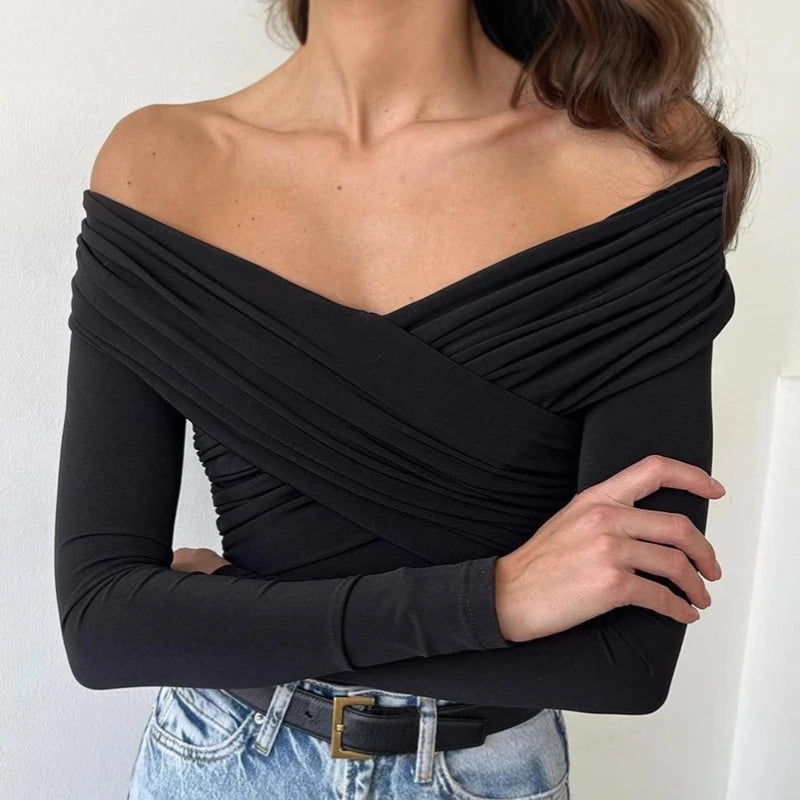 Sexy Women’s Solid V-Neck Off-Shoulder Bodysuit – Ruched Long Sleeve Slim Crossed Jumpsuit 💃✨