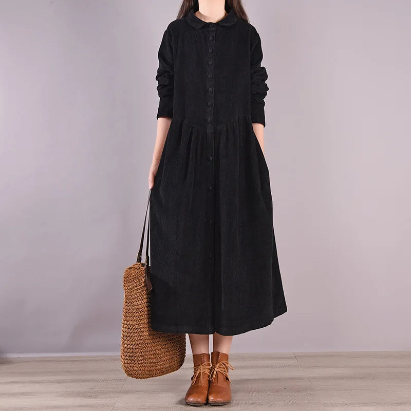 Retro Japanese Style Long Sleeve Corduroy Dress – Thick Fleece-Lined A-Line Winter Dress for Women | Solid Color